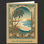 Golden tropical christmas art Folded Greeting Card<br><div class="desc">This tropical Christmas folded greeting card features a traditional art nouveau style image of a golden arch with a palm tree,  beach,  and beautiful sunset.

All texts can be customised to suit your needs.</div>