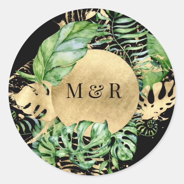 golden tropical foliage monogram wedding classic round sticker (Front)