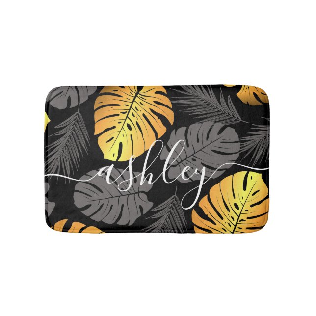 Golden Tropical Leaves Bath Mat (Front)