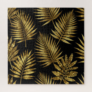 Golden Tropical Leaves Luxe Pattern Jigsaw Puzzle
