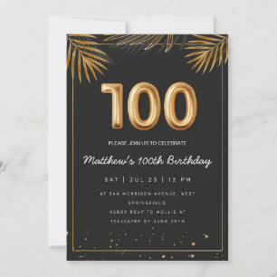 Golden Tropical Palm Leaves 100th Birthday  Invitation