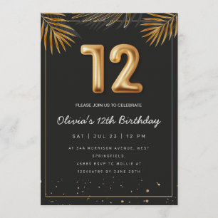 Golden Tropical Palm Leaves 12th Birthday  Invitation