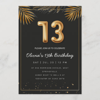 Golden Tropical Palm Leaves 13th Birthday  Invitation