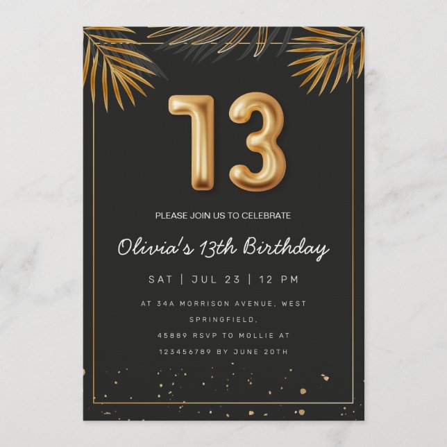 Golden Tropical Palm Leaves 13th Birthday  Invitation (Front)