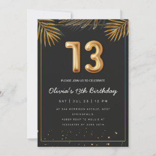 Golden Tropical Palm Leaves 13th Birthday  Invitation