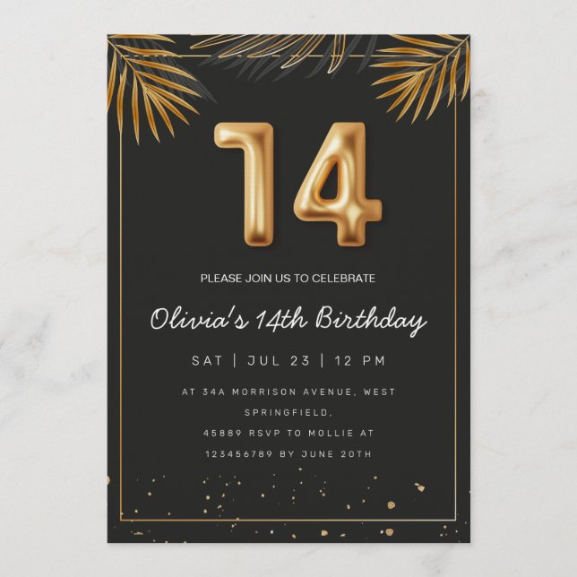 Golden Tropical Palm Leaves 14th Birthday  Invitat Invitation (Front)