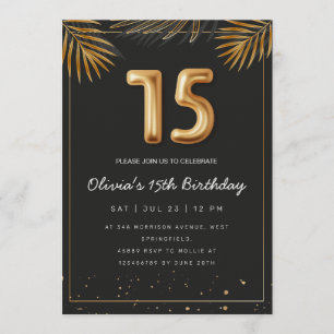 Golden Tropical Palm Leaves 15th Birthday  Invitation