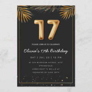 Golden Tropical Palm Leaves 17th Birthday  Invitation