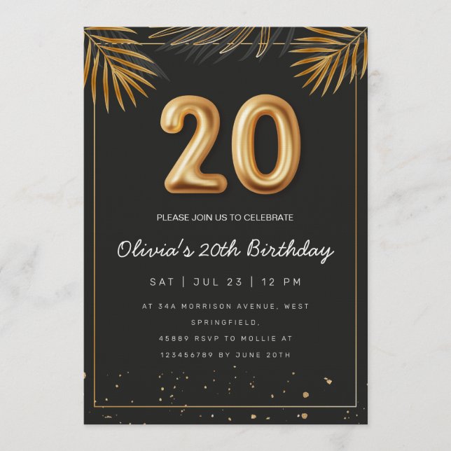 Golden Tropical Palm Leaves 20th Birthday  Invitation (Front)