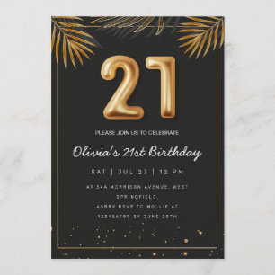 Golden Tropical Palm Leaves 21st Birthday  Invitation
