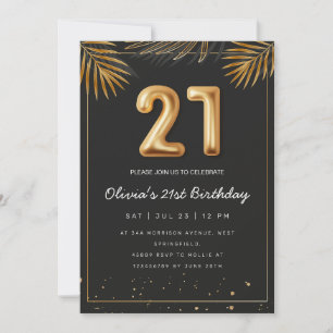 Golden Tropical Palm Leaves 21st Birthday  Invitation