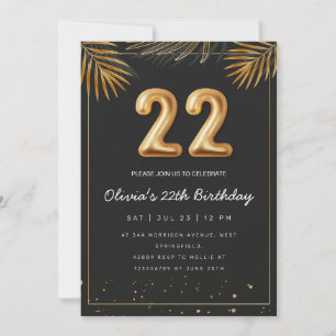 Golden Tropical Palm Leaves 22th Birthday  Invitation