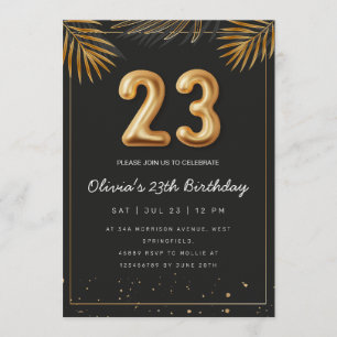 Golden Tropical Palm Leaves 23th Birthday  Invitation