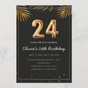 Golden Tropical Palm Leaves 24th Birthday  Invitation