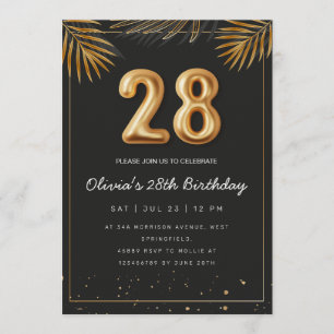 Golden Tropical Palm Leaves 28th Birthday Invitation