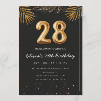 Golden Tropical Palm Leaves 28th Birthday  Invitation