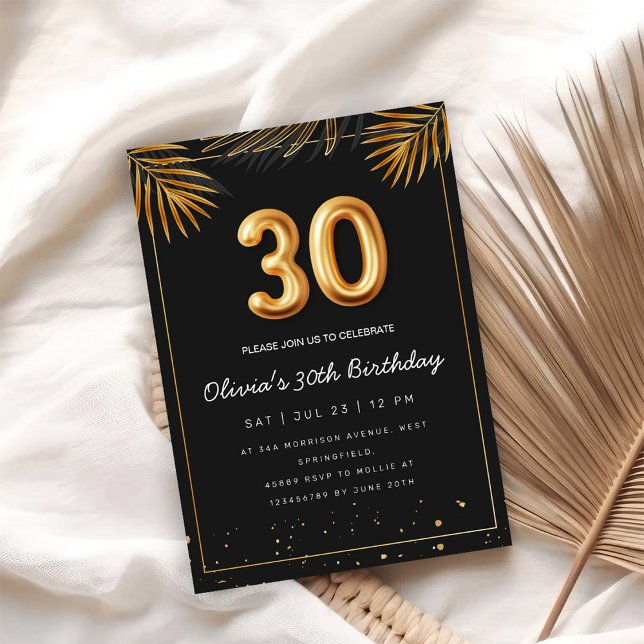 Golden Tropical Palm Leaves 30th Birthday  Invitation (Creator Uploaded)