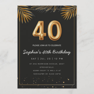 Golden Tropical Palm Leaves 40th Birthday  Invitation