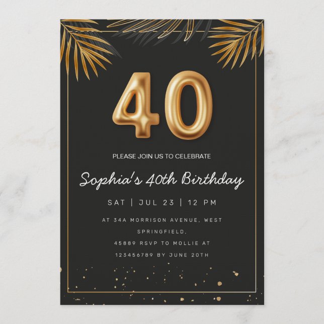 Golden Tropical Palm Leaves 40th Birthday  Invitation (Front)