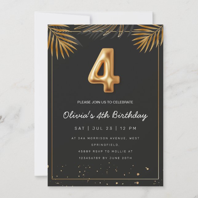 Golden Tropical Palm Leaves 4th Birthday  Invitation (Front)