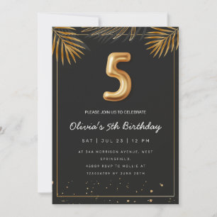  Golden Tropical Palm Leaves 5th Birthday  Invitation