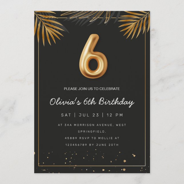  Golden Tropical Palm Leaves 6th Birthday  Invitation (Front)
