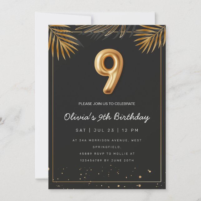 Golden Tropical Palm Leaves 9th Birthday  Invitation (Front)