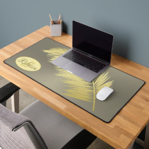 Golden Tropical Palm leaves Monogram Desk Mat
