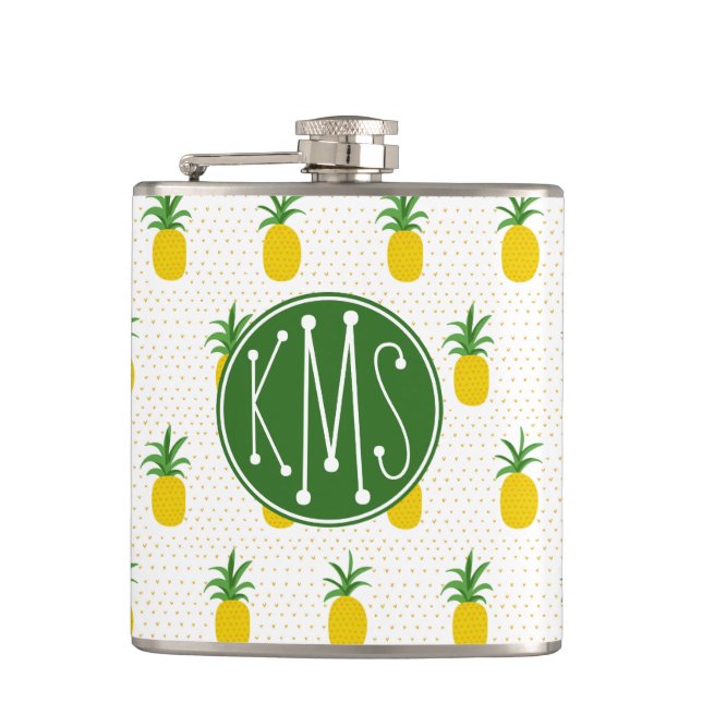 Golden Tropical Pineapples | Monogram Hip Flask (Front)