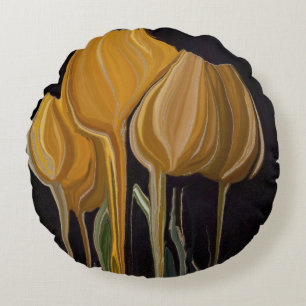 Golden Tulip Trio on Black Round Pillow