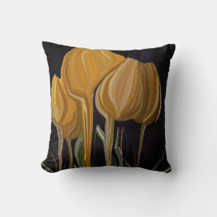 Golden Tulip Trio on Black Throw Pillow