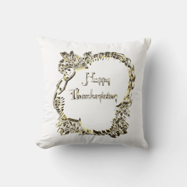Golden Turkey Happy Thanksgiving Typography Throw Pillow (Front)