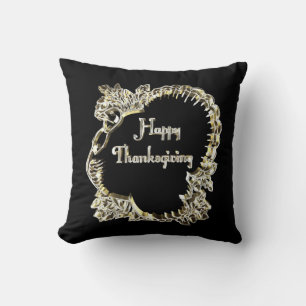 Golden Turkey Happy Thanksgiving Typography Throw Pillow