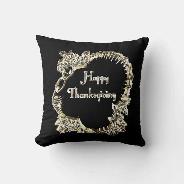 Golden Turkey Happy Thanksgiving Typography Throw Pillow (Front)