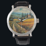 Golden Tuscany Dreams Watch<br><div class="desc">Wear the golden beauty of Tuscany with this Golden Tuscany Dreams Watch,  featuring a breathtaking miniature landscape painted in Vincent van Gogh’s iconic,  textured style. The watch face showcases swirling vineyards,  sunlit hills,  and rustic cypress trees,  transforming timekeeping into a daily artistic experience.</div>