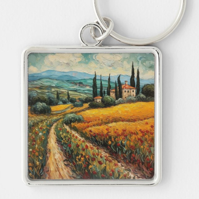 Golden Tuscany Wildflower Countryside Landscape Keychain (Front)
