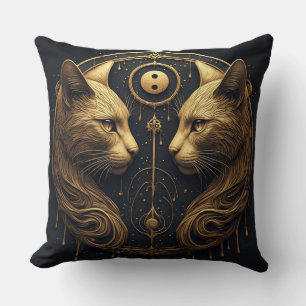 Golden Twin Cat Yin Yang Sculpture Throw Pillow