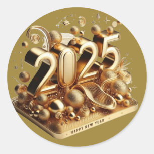 Golden typography happy new year 2025 classic round sticker