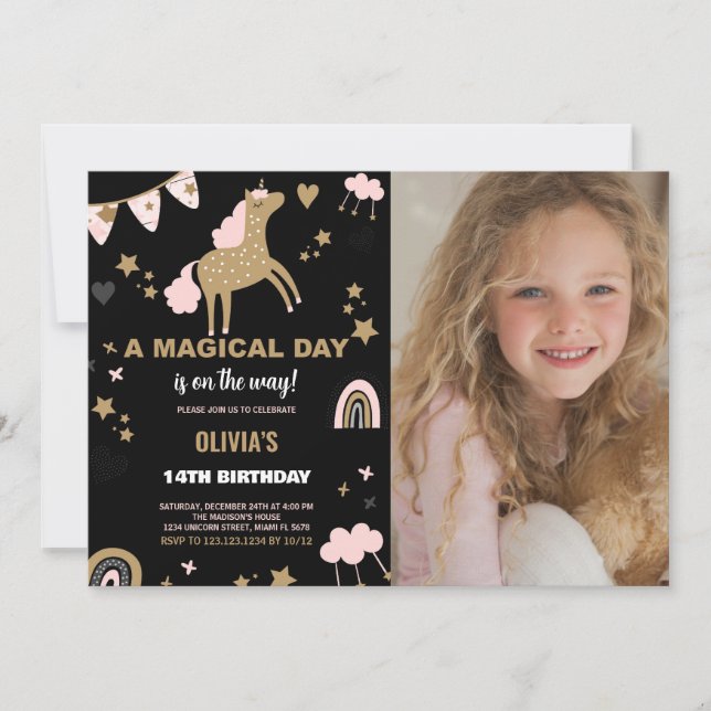 Golden Unicorn Birthday Invitations with photo (Front)