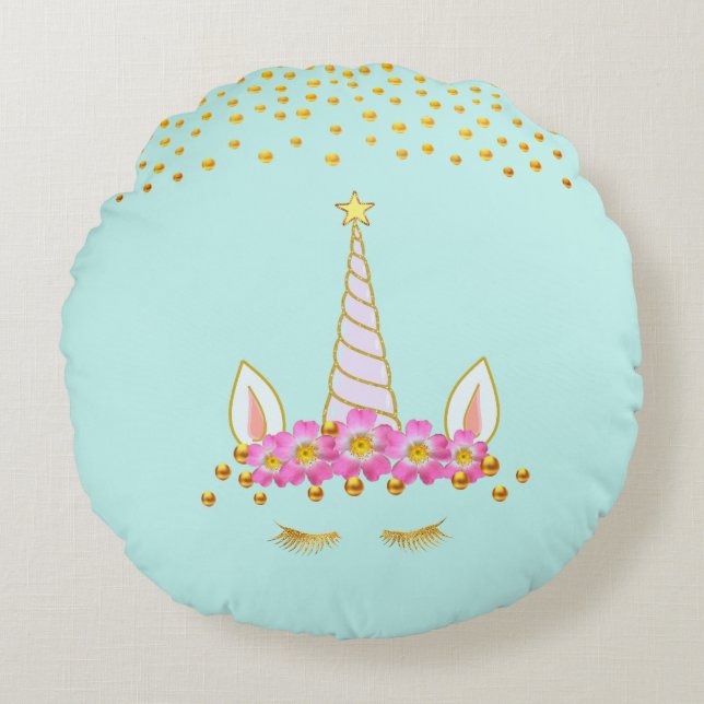 Golden Unicorn, Flowers & Gold Confetti on Teal Round Pillow (Front)