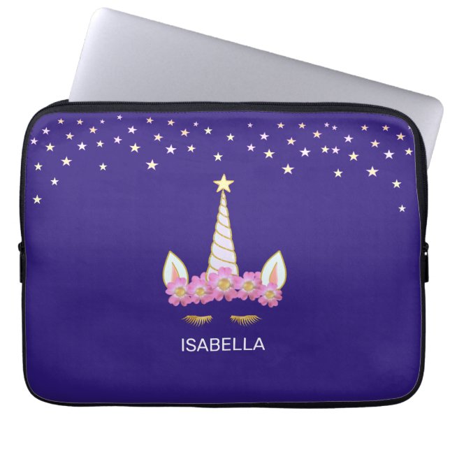 Golden unicorn, flowers & stars on indigo blue laptop sleeve (Front)