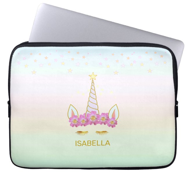 Golden unicorn, flowers & stars on pastel colours laptop sleeve (Front)