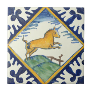 Golden Unicorn Hand Painted Early Delft Repro  Tile