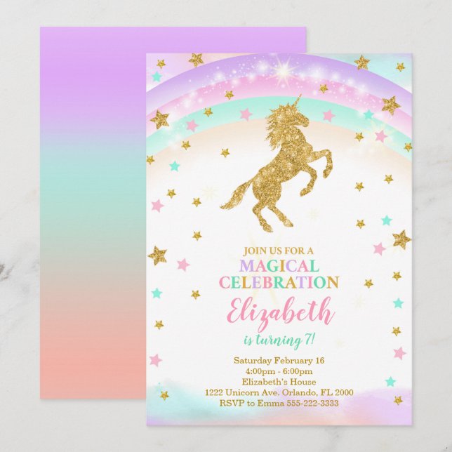Golden Unicorn invitation avec Parties scintillant (Devant / Derrière)