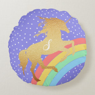 Golden Unicorn over Pastel Rainbow Custom Colour Round Pillow