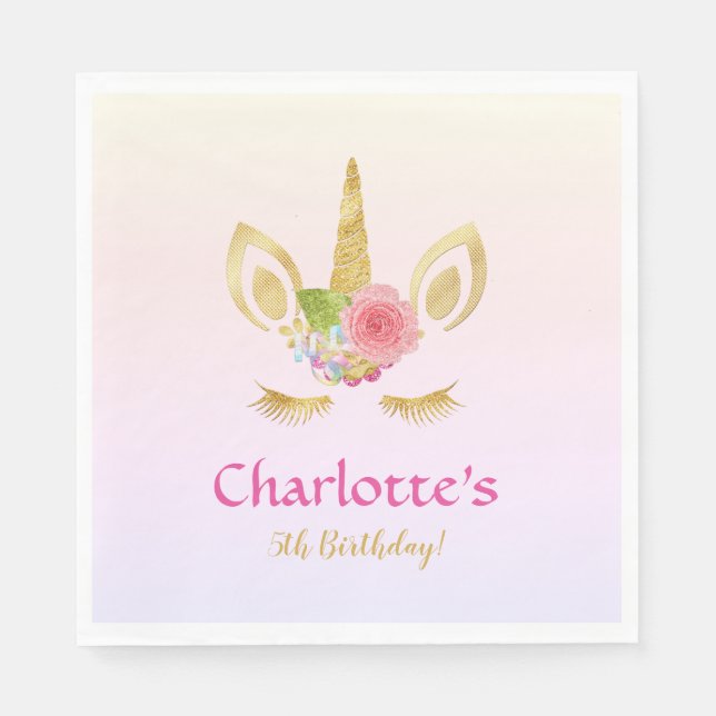 Golden Unicorn Pink Rainbow Personalized Birthday Napkin (Front)