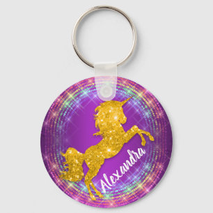 Golden Unicorn Rainbow Sparkles Purple Keychain