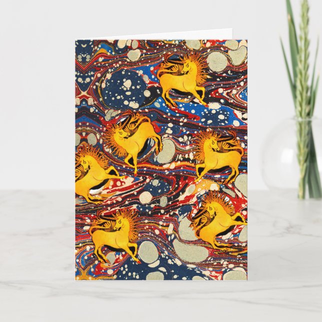 GOLDEN UNICORNS ,RED BLUE MARBLED EFFECTS Birthday Holiday Card (Front)