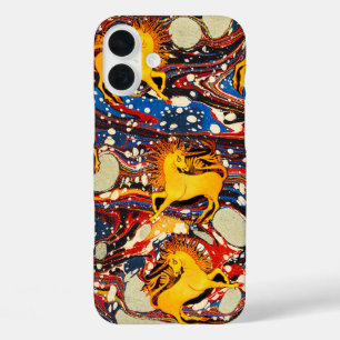 GOLDEN UNICORNS ,RED BLUE MARBLED EFFECTS ,CIRCLES iPhone 16 PLUS CASE