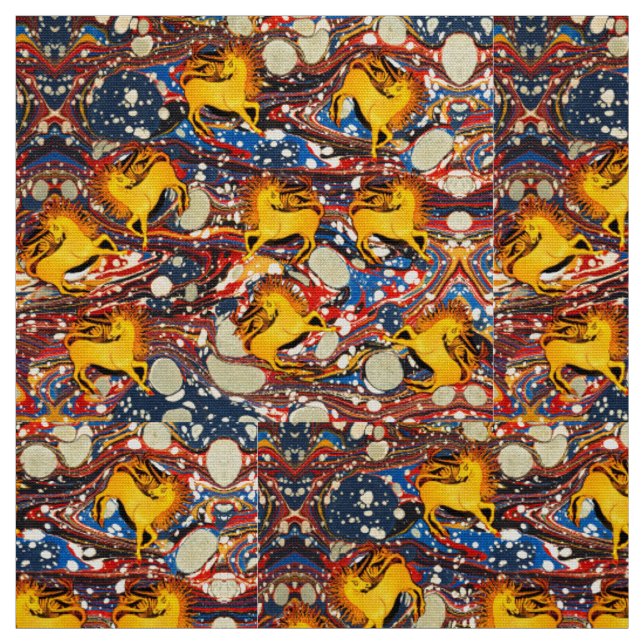 GOLDEN UNICORNS ,RED BLUE MARBLED EFFECTS ,CIRCLES FABRIC (Swatch)